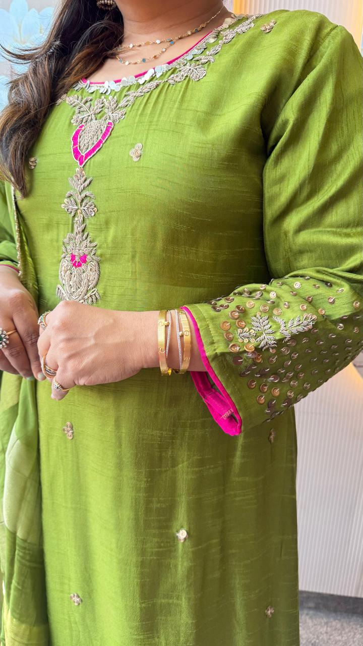 Premium dola silk Anarkali with intricate detailing full suit in green