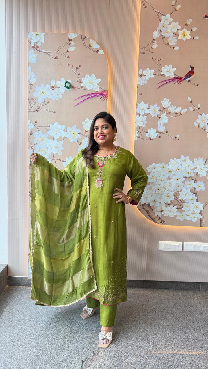 Premium dola silk Anarkali with intricate detailing full suit in green