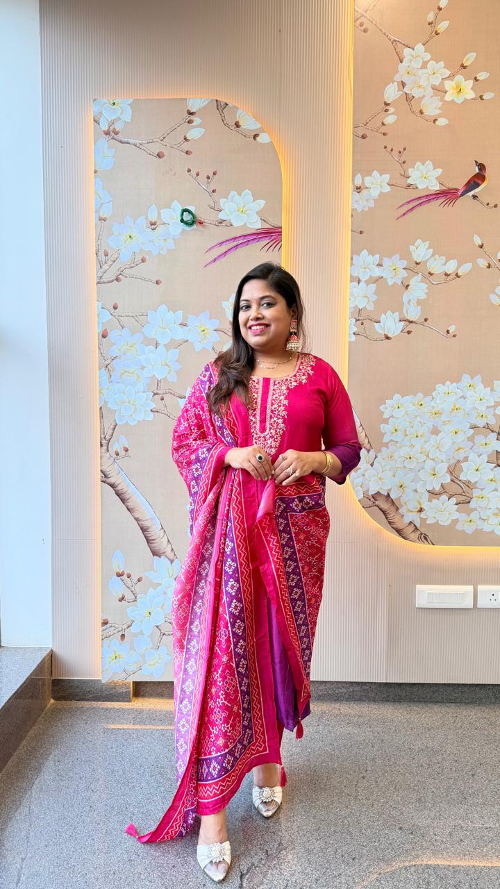 Super pretty Russian silk suit set of re effect paired with Patola dupatta