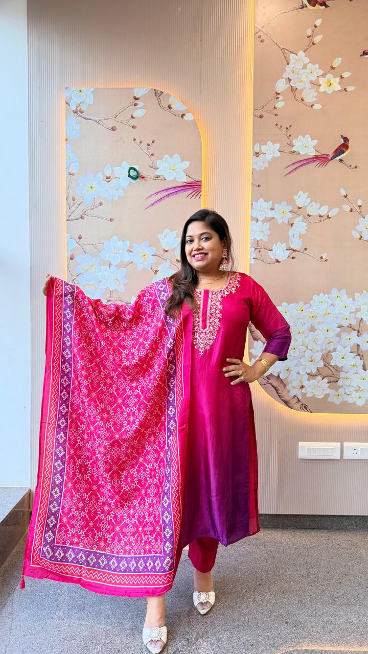 Super pretty Russian silk suit set of re effect paired with Patola dupatta