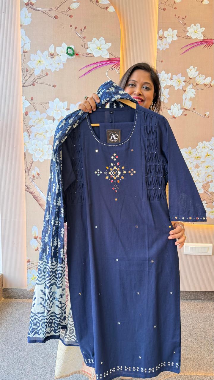 Premium pure cotton real mirror full suit in blue