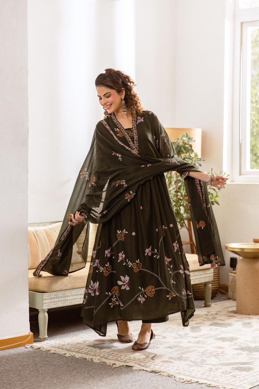 Pure Mul cotton designer digital printed full suit in olive