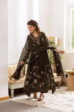 Pure Mul cotton designer digital printed full suit in olive