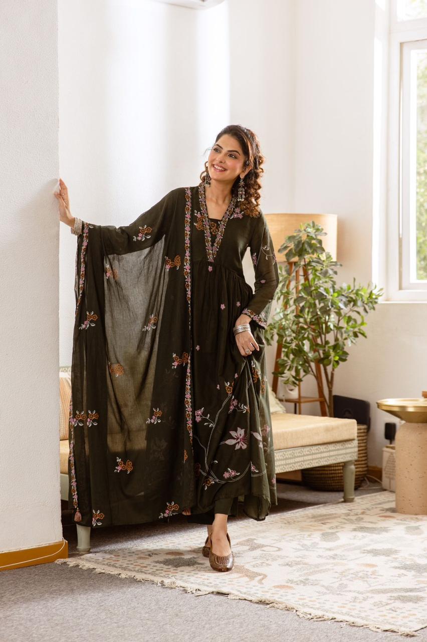 Pure Mul cotton designer digital printed full suit in olive