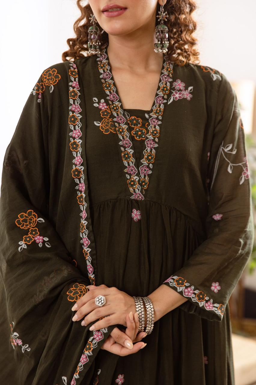 Pure Mul cotton designer digital printed full suit in olive