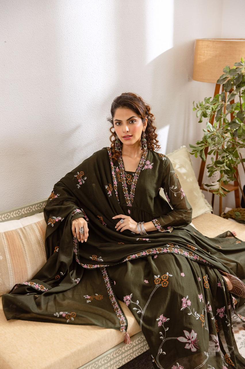 Pure Mul cotton designer digital printed full suit in olive