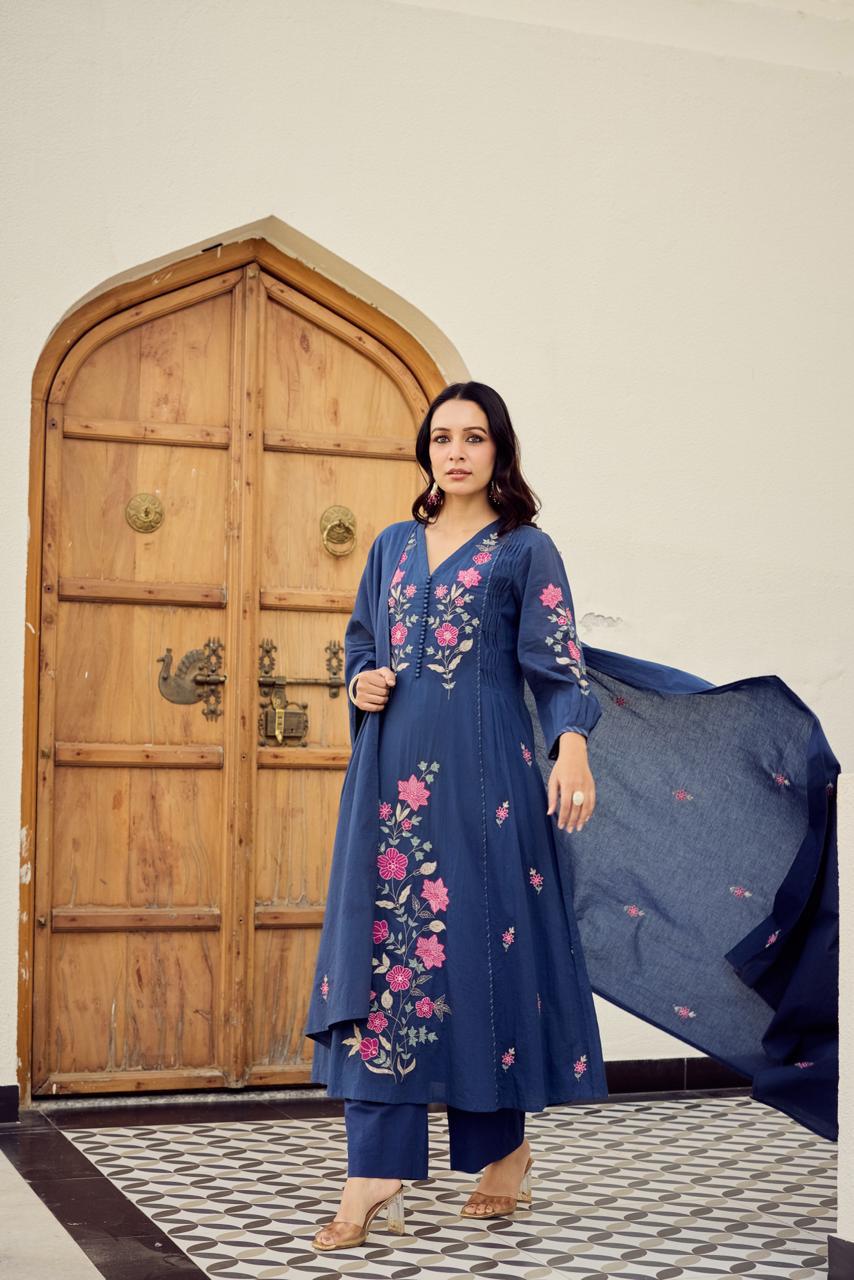 Premium Mul cotton embroidered full suit set in blue