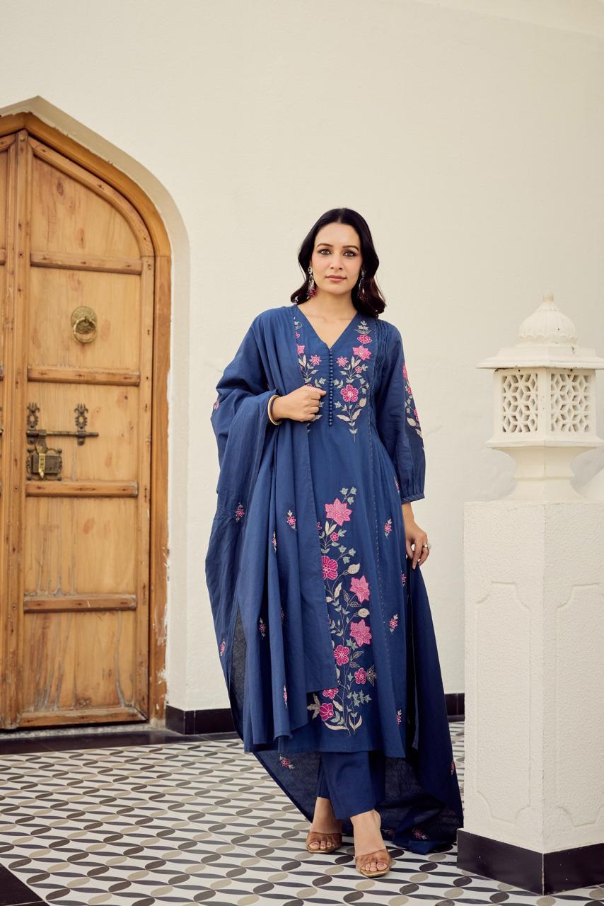 Premium Mul cotton embroidered full suit set in blue