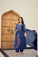 Premium Mul cotton embroidered full suit set in blue