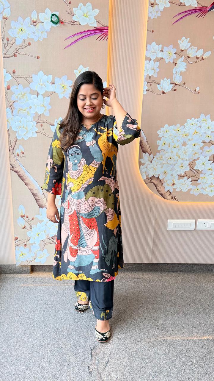 Pure Mul silk Kalamkari kurta pant in black