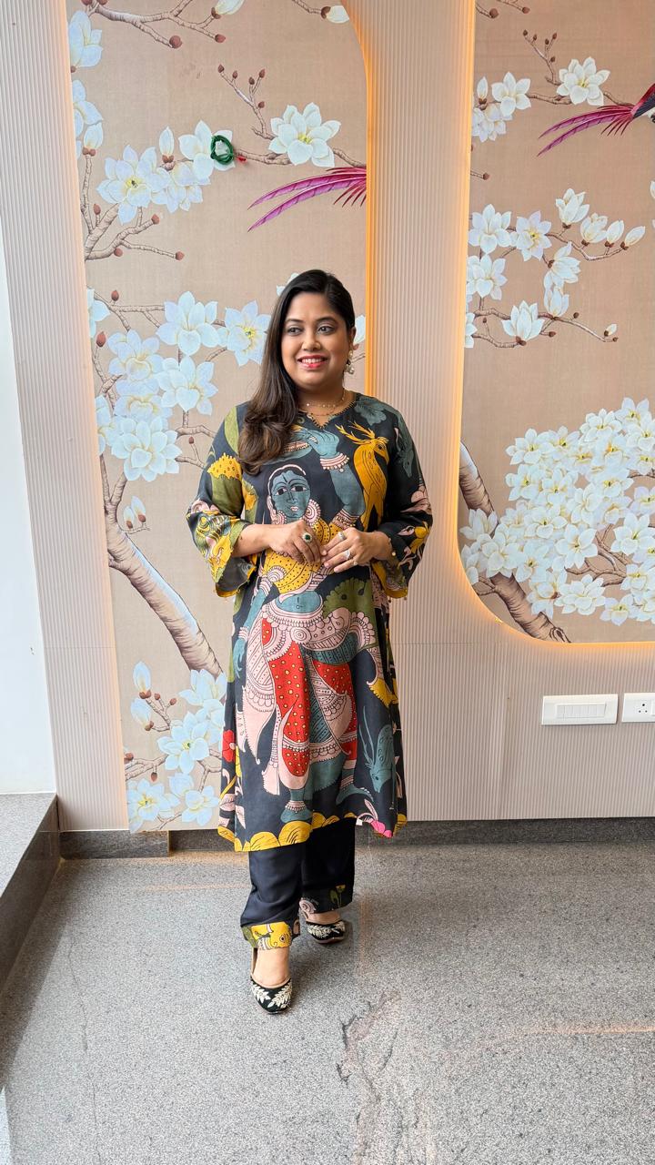 Pure Mul silk Kalamkari kurta pant in black