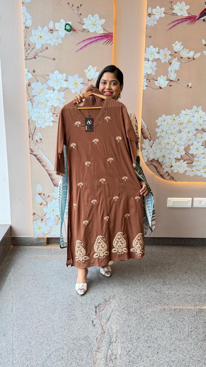 Mul cotton with gold zari embroidery full set in brown