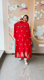 Mul cotton with gold zari embroidery full set in red
