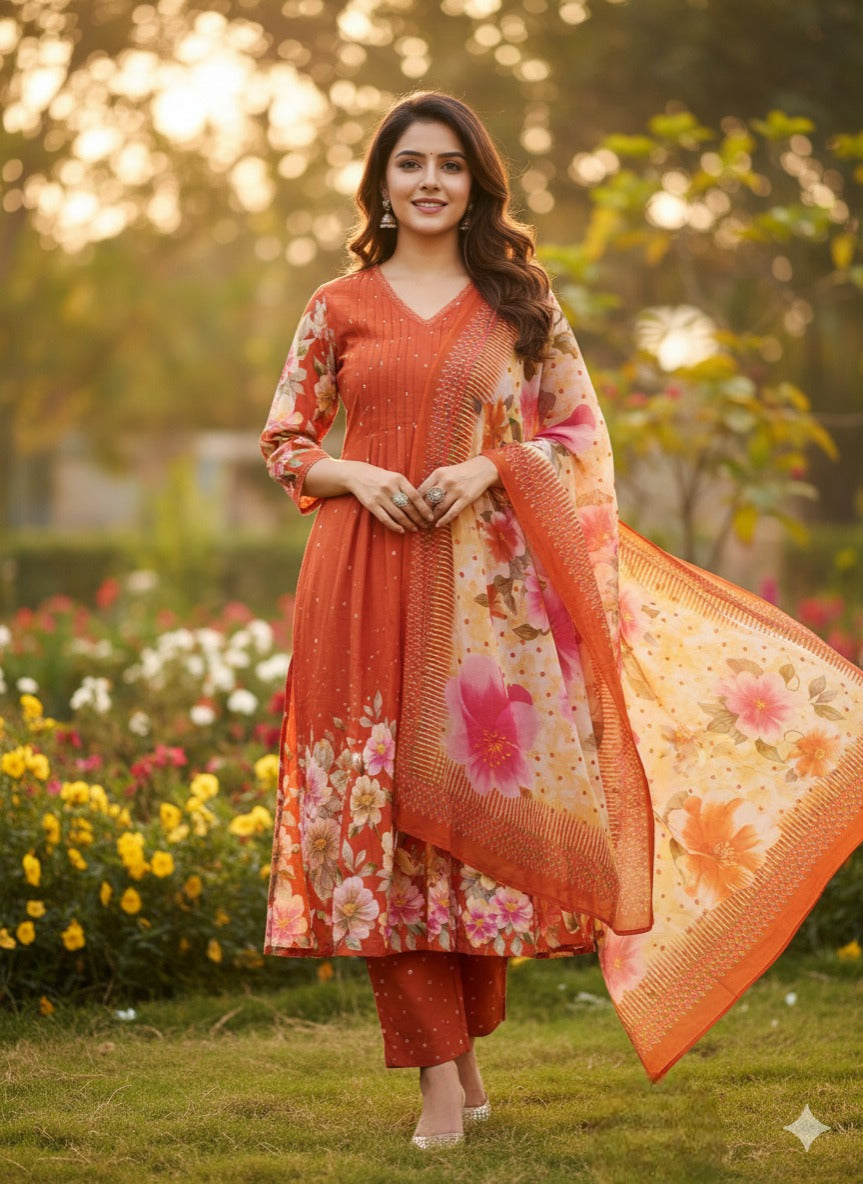 Pretty digital printed cotton full suit set