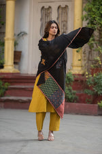 Applique work cotton dupatta set in yellow