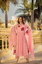 Premium Dobby cotton applique full suit set in pink