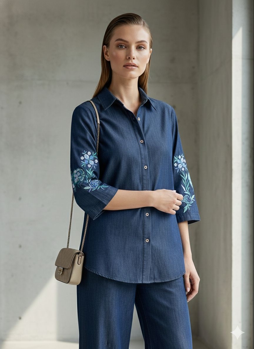 Denim cotton embroidered co ord