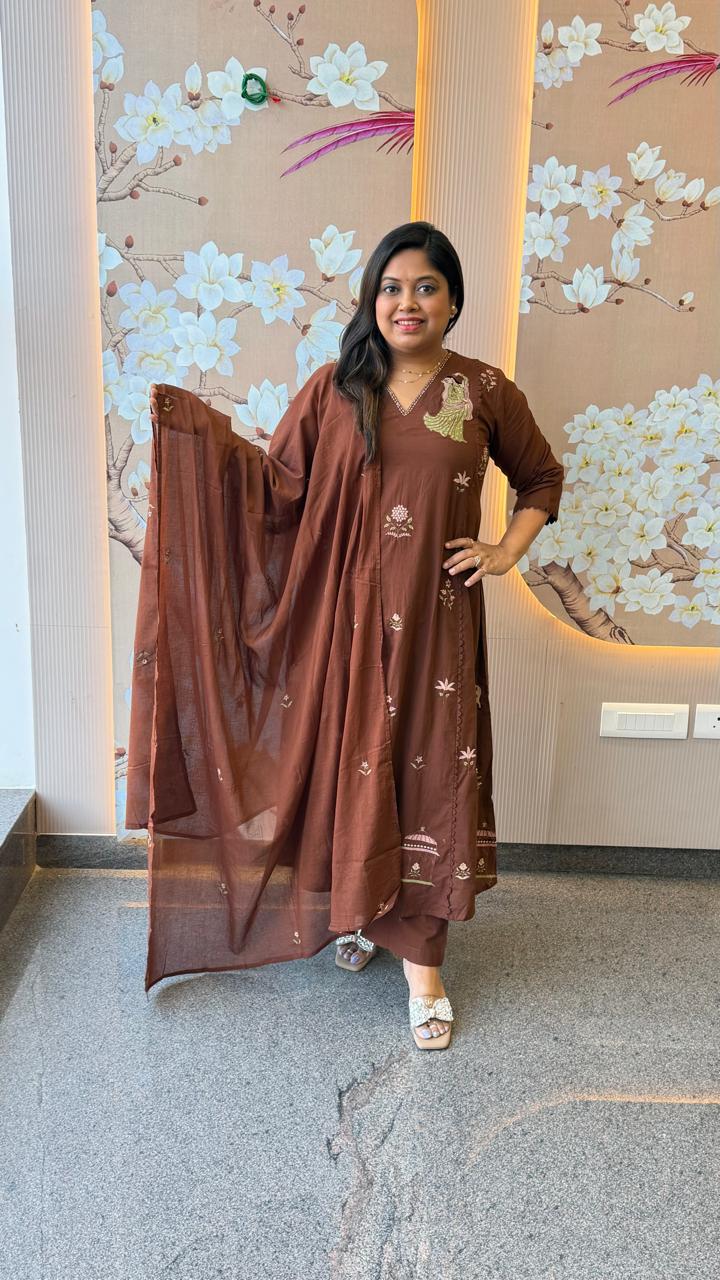 Pure cotton embroidered pichwai concept in brown full suit set