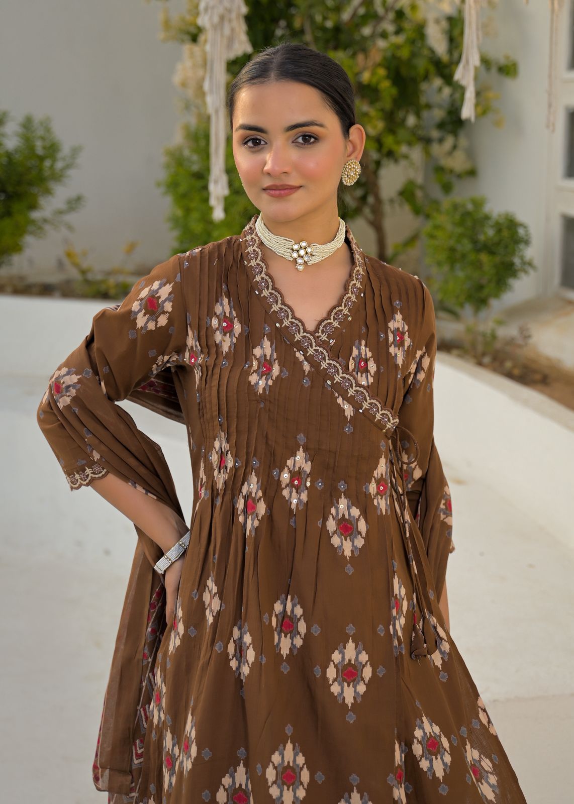 Pure cotton in Ikkat print in angrakha pattern full suit set