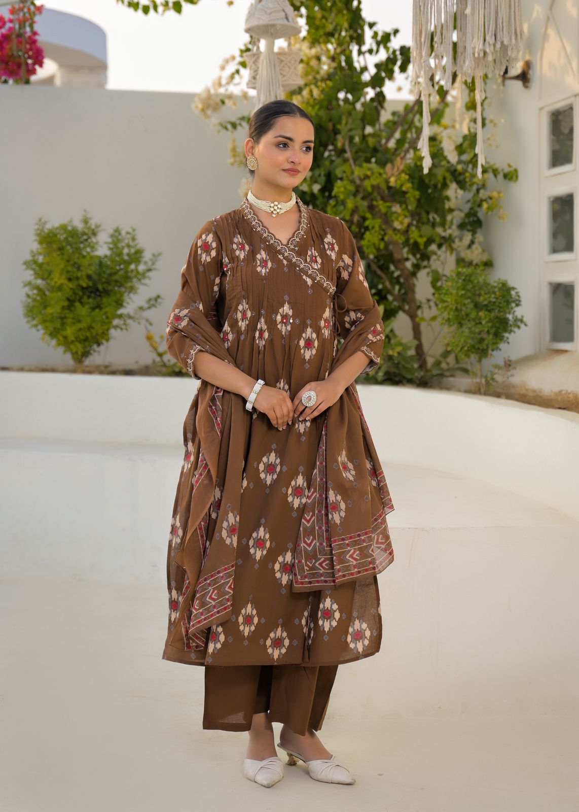 Pure cotton in Ikkat print in angrakha pattern full suit set
