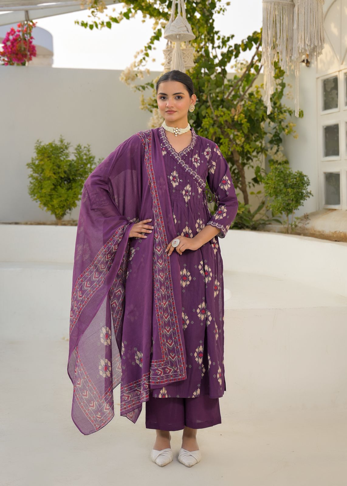 Pure cotton in Ikkat print in angrakha pattern full suit set