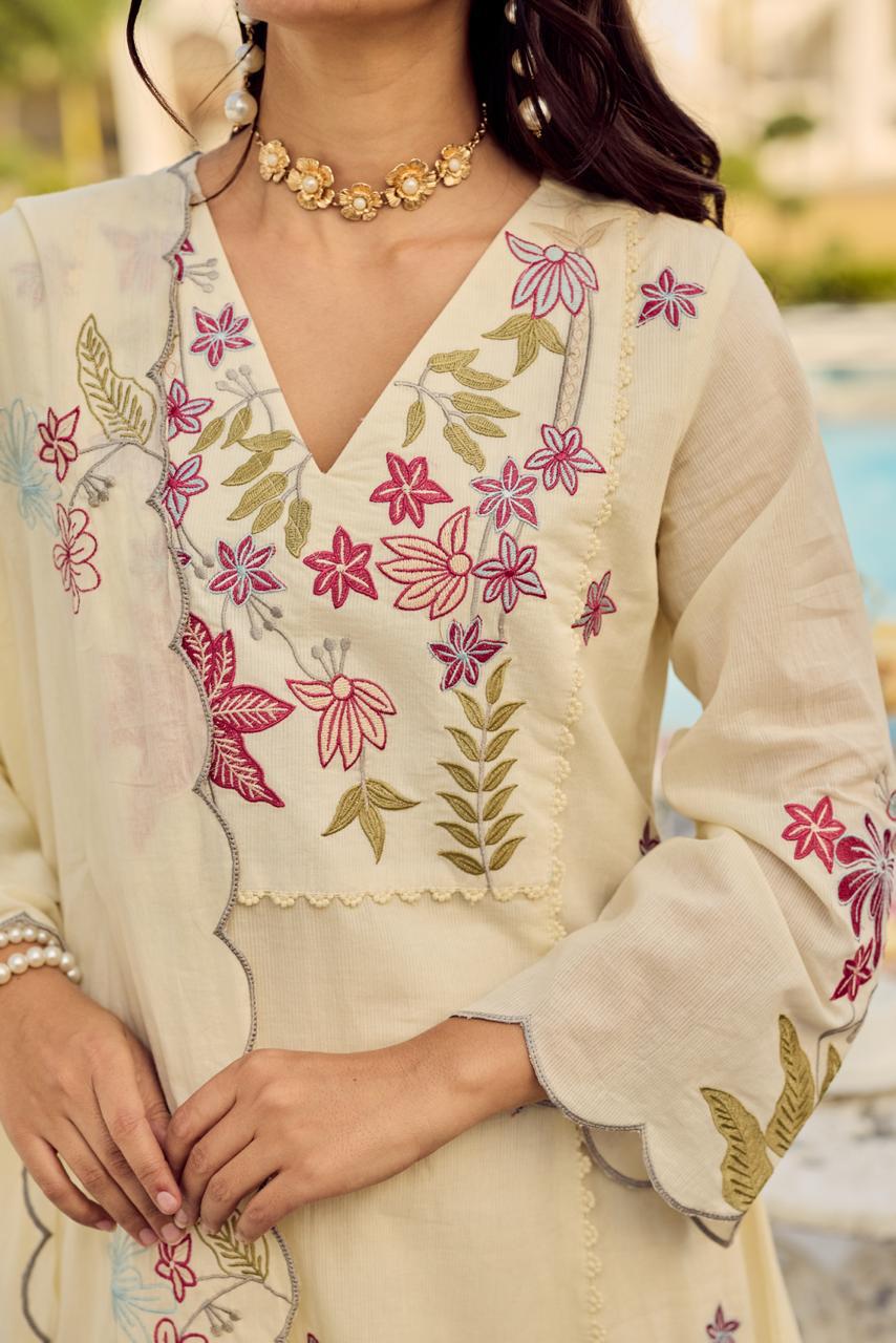 Pure Mul cotton fully embroidered suit set in cream