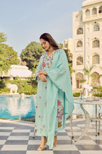 Pure Mul cotton fully embroidered suit set in blue