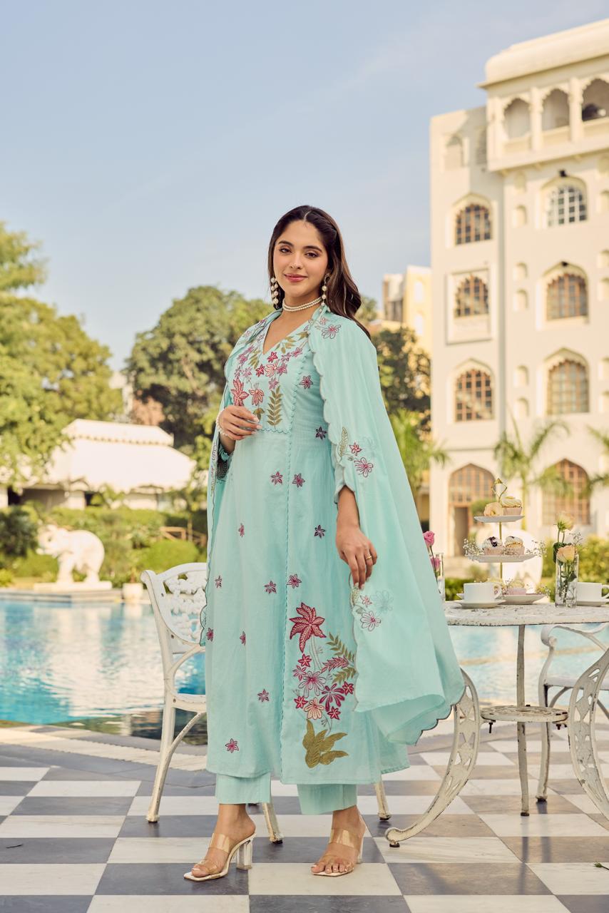 Pure Mul cotton fully embroidered suit set in blue
