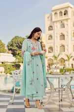 Pure Mul cotton fully embroidered suit set in blue