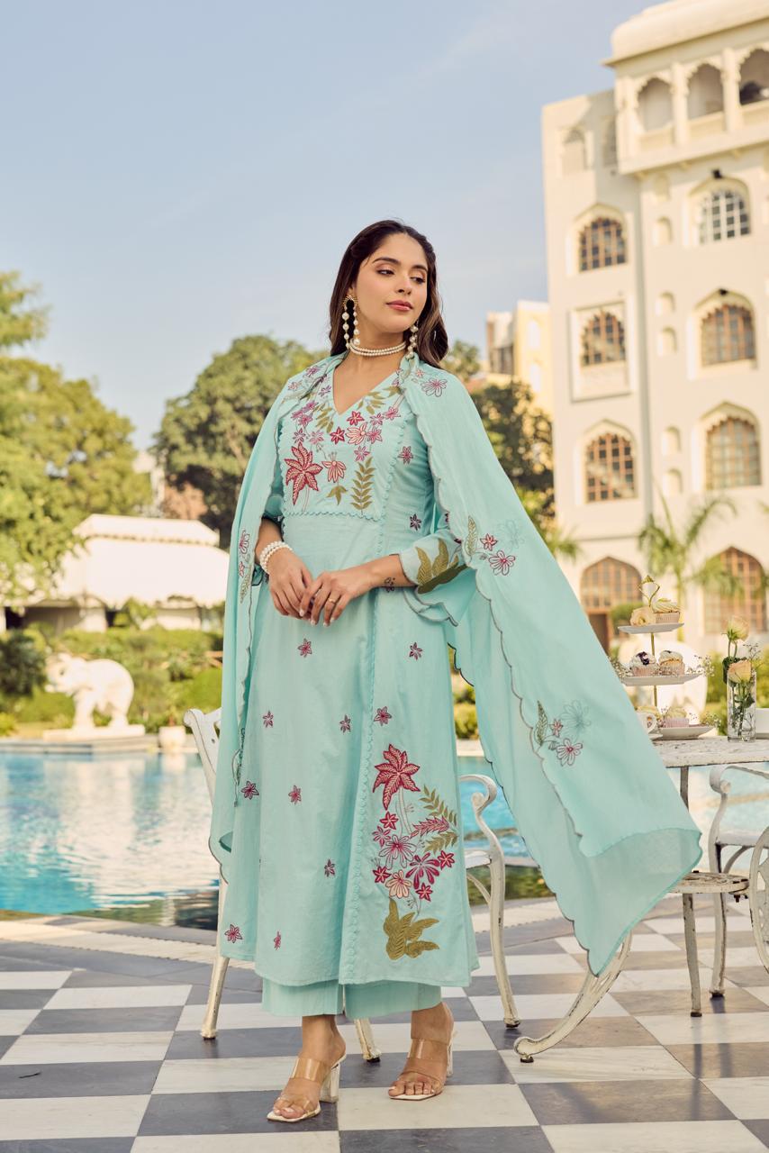 Pure Mul cotton fully embroidered suit set in blue