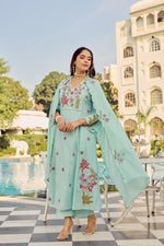 Pure Mul cotton fully embroidered suit set in blue