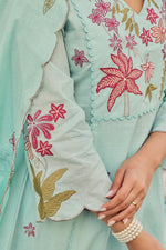 Pure Mul cotton fully embroidered suit set in blue