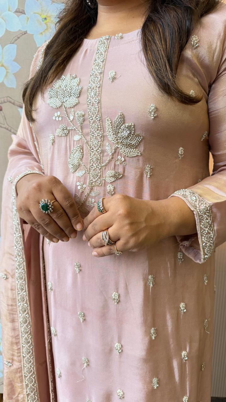 Restocked the bestselling tissue full suit set with pearl detailing and hand work in blush pink
