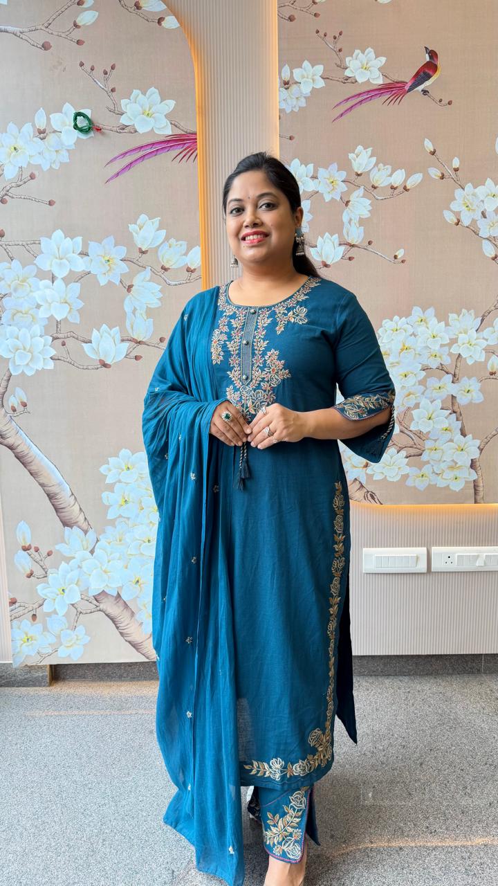 Pure cotton designer sleeves and pants paired with Mul cotton dupatta in blue