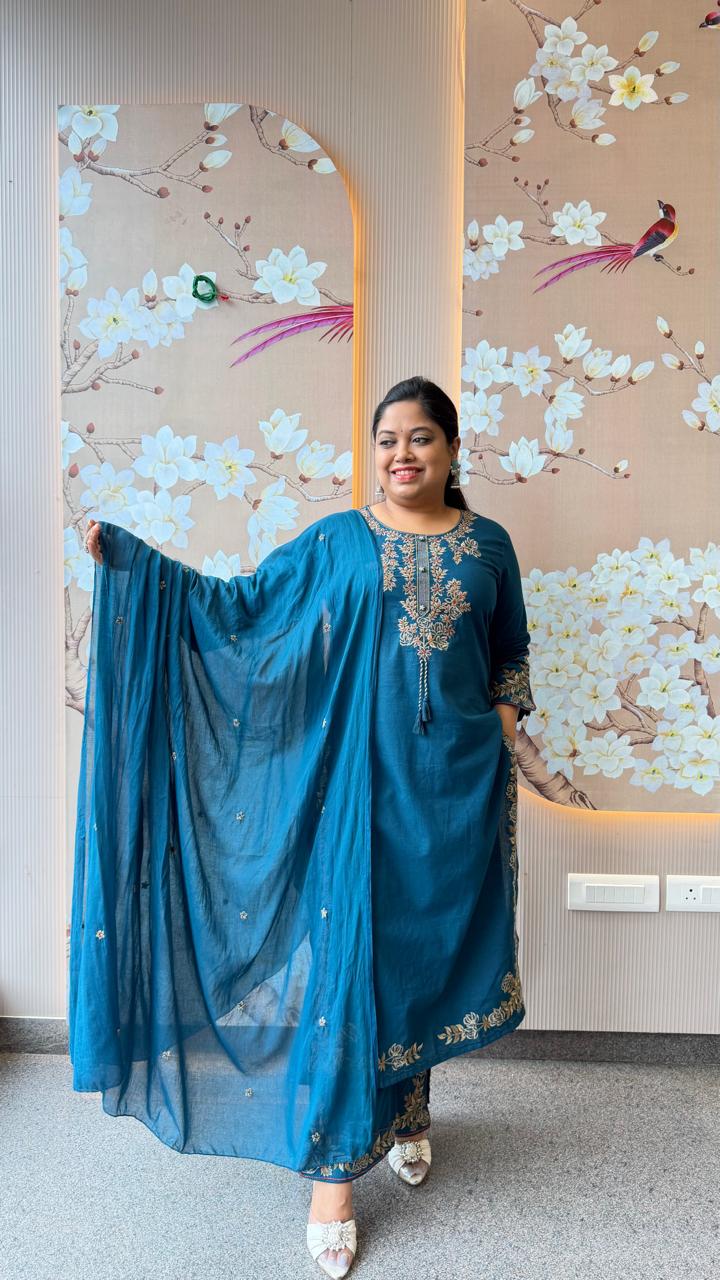 Pure cotton designer sleeves and pants paired with Mul cotton dupatta in blue