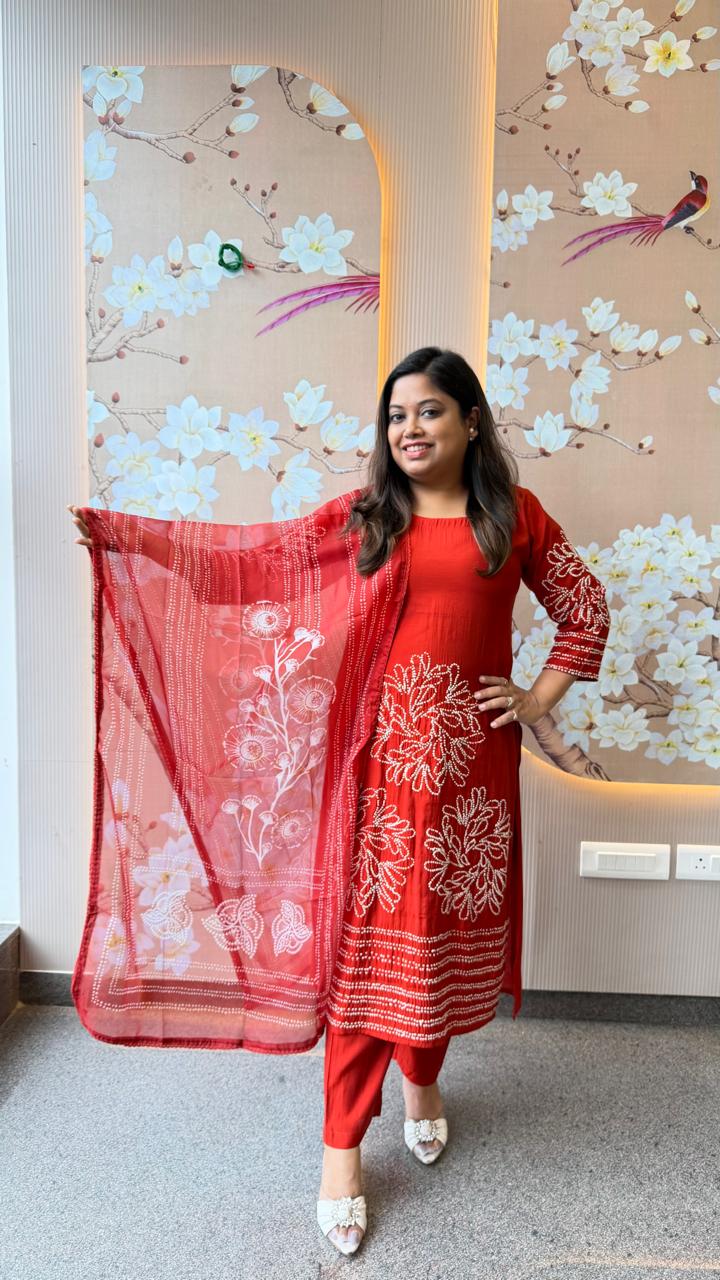 Pretty pretty bemberg muslin githan work full suit paired with organza dupatta