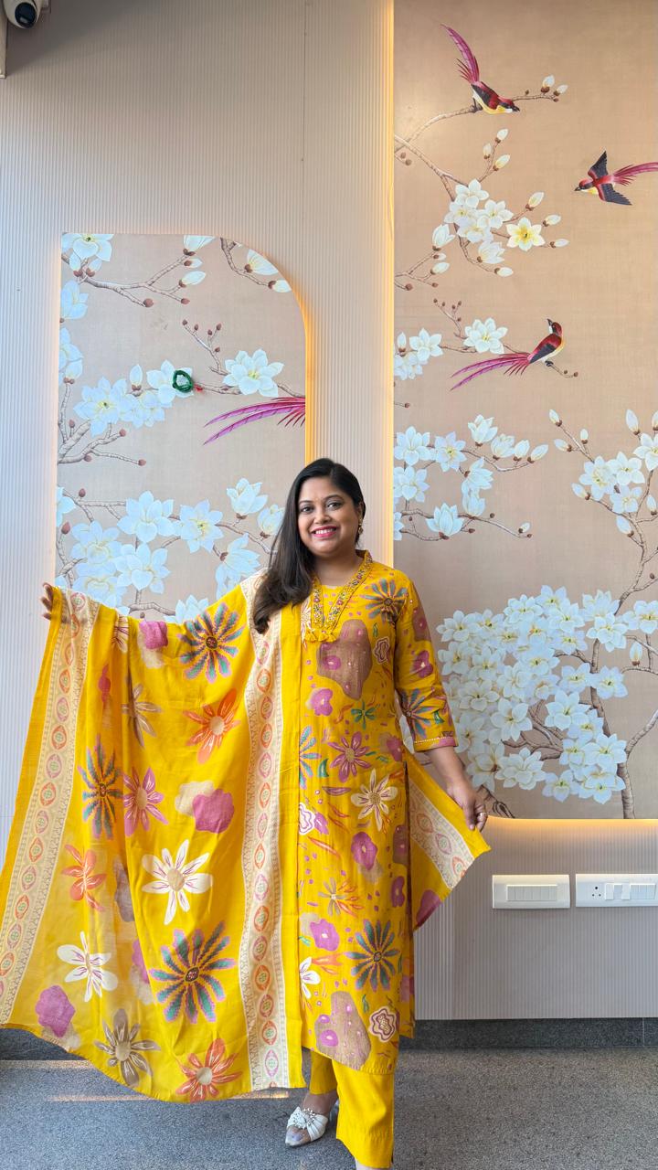 Restocked! Premium Modale V neck handwork suit set in yellow (Plus Size)