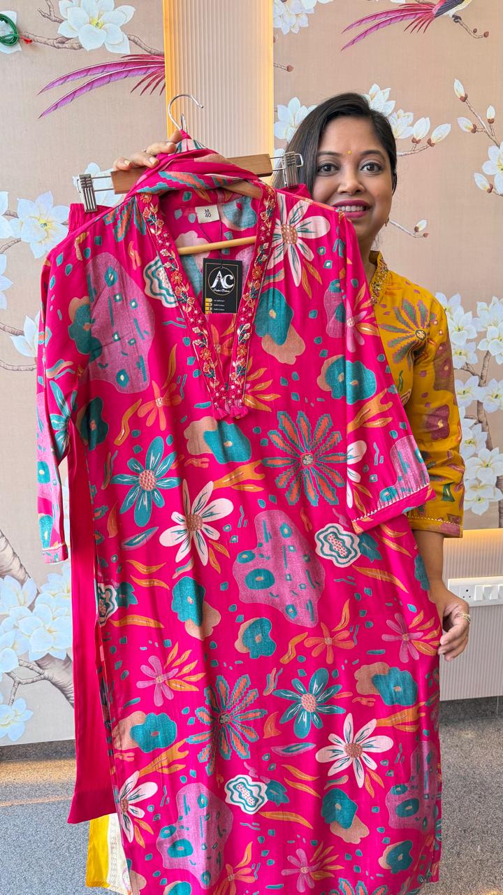 Premium Modale V neck handwork suit set in pink