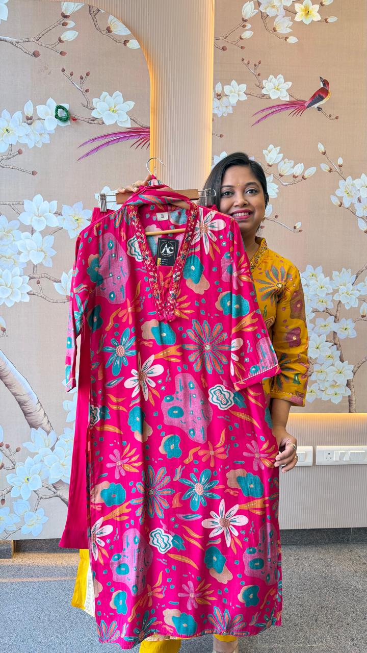 Premium Modale V neck handwork suit set in pink