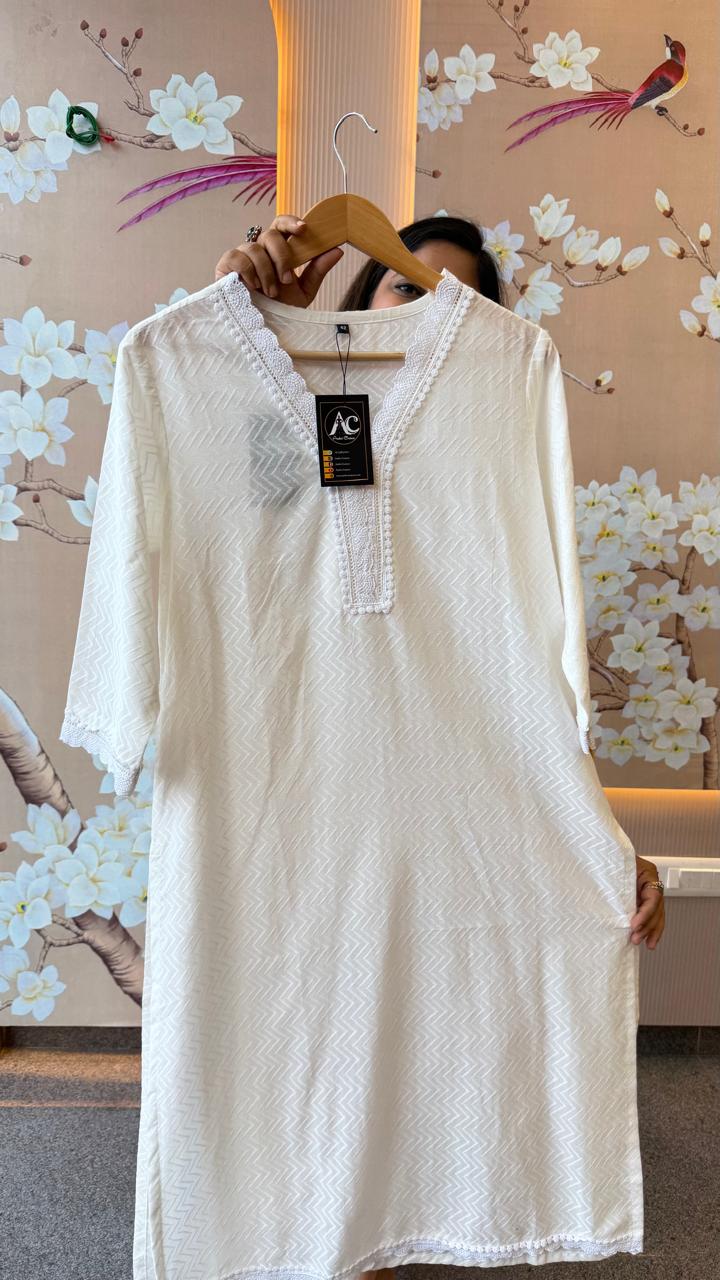 Textured cotton white lace detailing Kurta in white
