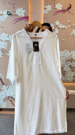 Textured cotton white lace detailing Kurta in white