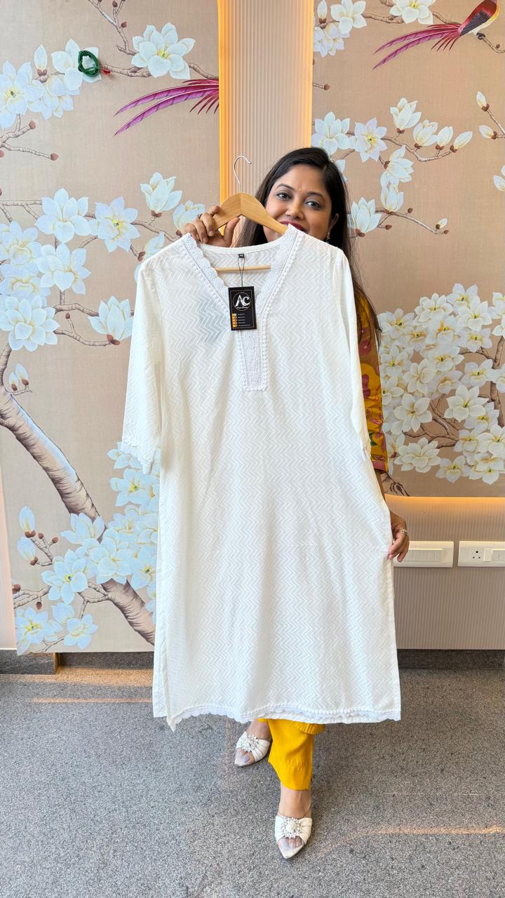 Textured cotton white lace detailing Kurta in white