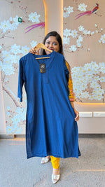 Textured cotton lace detailing Kurta in blue