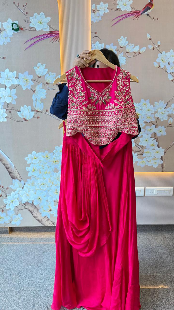 Premium chinon skirt with drape paired with a designer back blouse in pink
