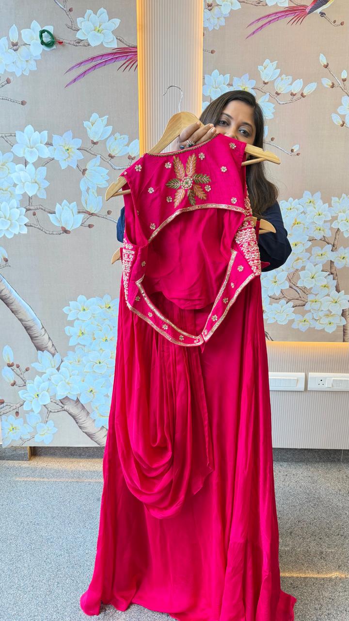 Premium chinon skirt with drape paired with a designer back blouse in pink