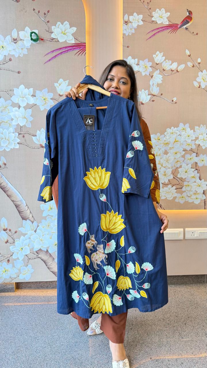 A line Applique work cotton suit set in blue(comfort fit)– Aashvi Couture