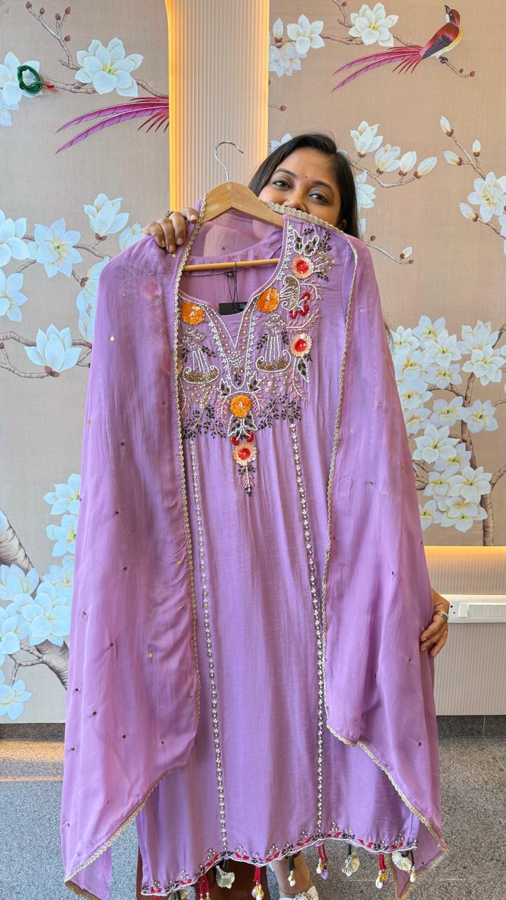 Premium Russian silk with pearl detailing and handwork suit set
