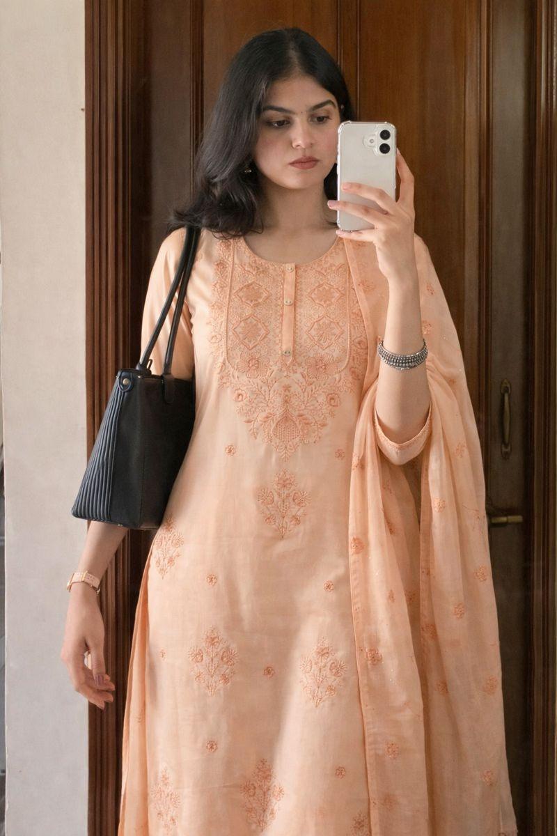 Restocked the bestselling! Super pretty cotton embroidered suit set in peach