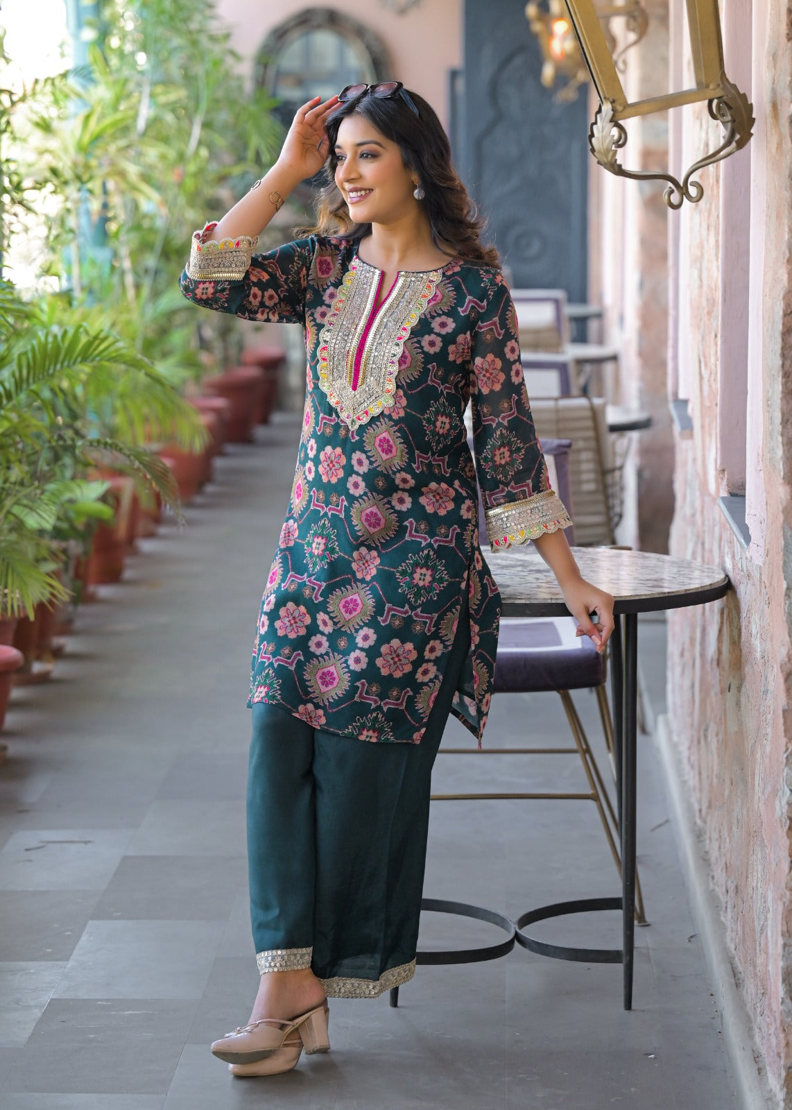 Restocked in new colour! Pure chinon zari detailing co ord set in green