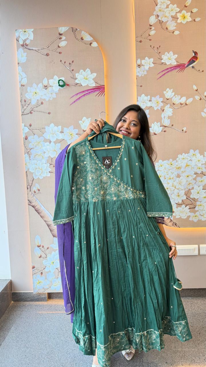 Bottle green pure Mul cotton zari detailing angrakha Anarkali suit set